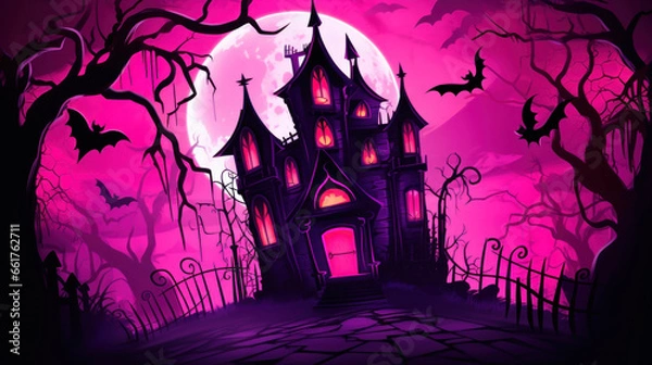 Obraz Illustration of a haunted house in shades of magenta. Halloween, fear, horror