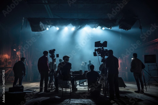 Fototapeta Silhouette people working in studio with equipment and lighting for making movie or commercial