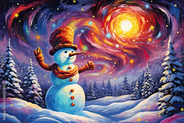 Fototapeta colorful illustration of a snowman in the snow, in a magical fantasy forest, winter art