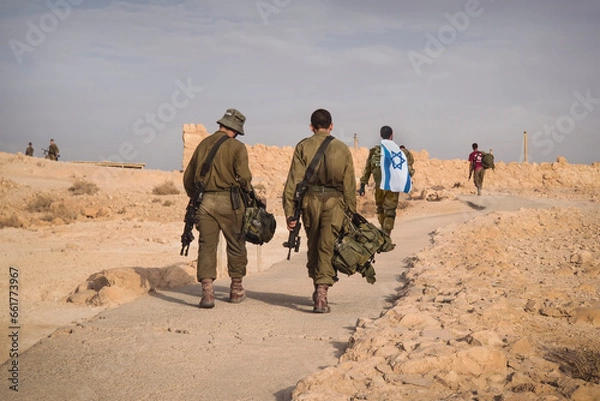 Fototapeta Back shot of several soldiers of israel army walking with israel national flag. Military man walking with other soldiers. War tactical exercise. infantry retreat from positions