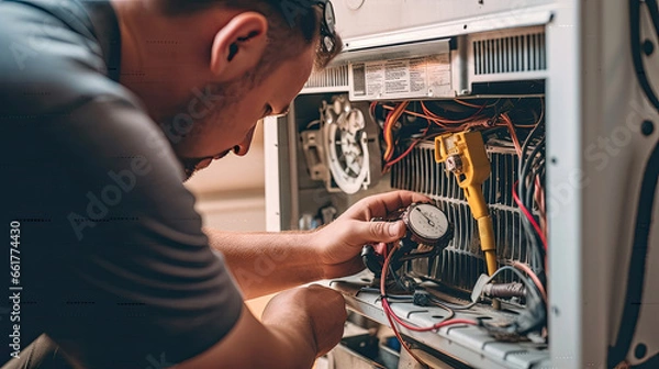 Fototapeta air technician checking and changing the filters of a domestic air conditioning split.