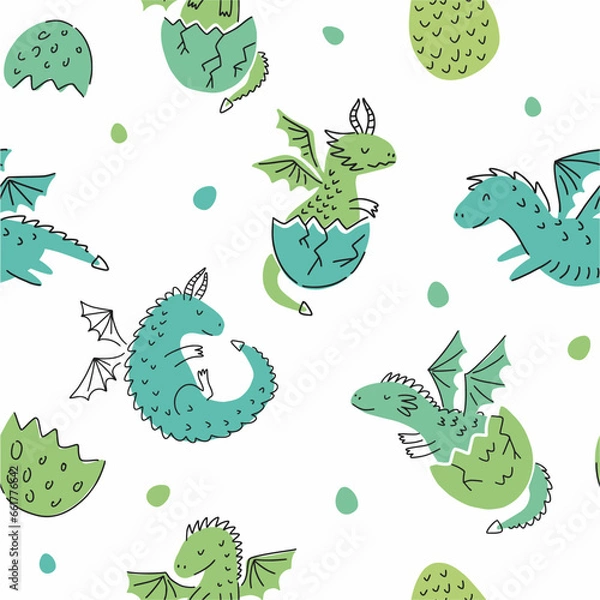 Fototapeta Vector pattern from a collection of various dragons and dinosaurs and dragon eggs, hand-drawn in the style of doodles