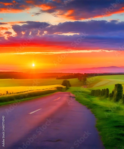 Obraz Country road with a beautiful sunset view landscape photography