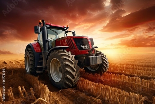 Fototapeta a tractor is running through the field