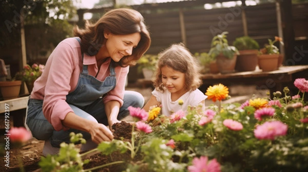 Obraz Smiling mother and daughter take care of flowers while gardening at farm