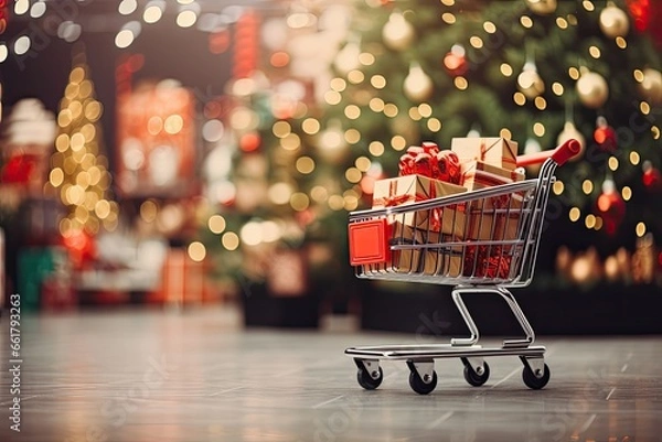 Obraz Photo of a large cart with Christmas gifts in mall against the background of a Christmas tree with garlands. Creative Christmas shopping. Holiday sales and discounts for the New Year