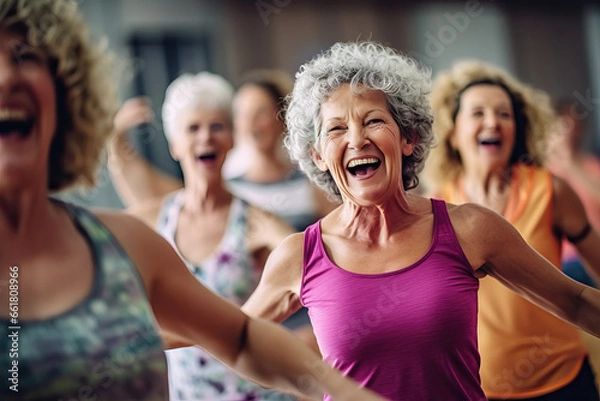Obraz Image of a group of women over 50 years old doing a Zumba class at a sports center Concept of health and wellness.