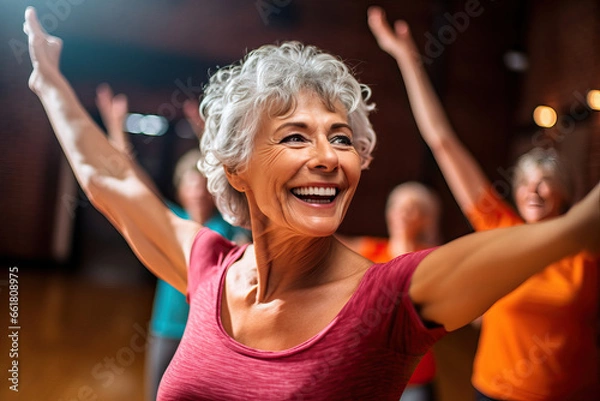 Obraz Image of a group of women over 50 years old doing a Zumba class at a sports center Concept of health and wellness.