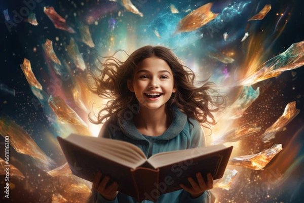 Fototapeta cheerful gir reads literature. magic and imagination from learning. is delighted with the training