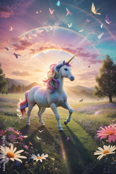 Obraz unicorn-filled meadow with rainbows arching 