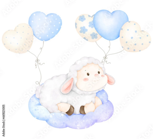 Obraz cute sheep and balloons on cloud
