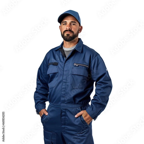 Fototapeta A Caucasian mechanic in a blue jumpsuit, with a smear of grease on their cheek, holding a wrench, stands assertively against an immaculate white background