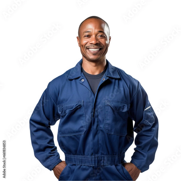 Fototapeta An Afro-American mechanic in a blue jumpsuit, with a smear of grease on their cheek, holding a wrench, stands assertively against an immaculate white background