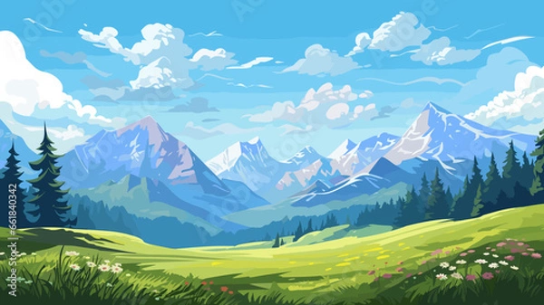 Fototapeta Illustration. View of an alpine landscape. Simple illustration, with meadows and alpine mountains in the background. Copy space available. Beautiful mountain landscape during summer.