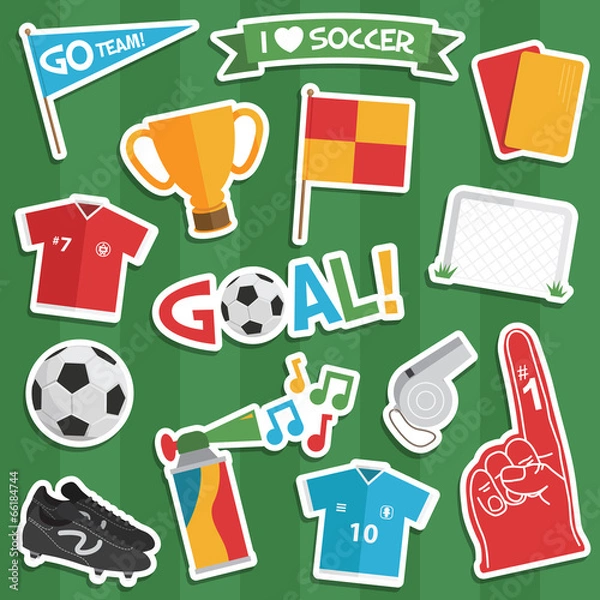Obraz Collection of vector clip art football stickers with soccer kit and banners on green striped background