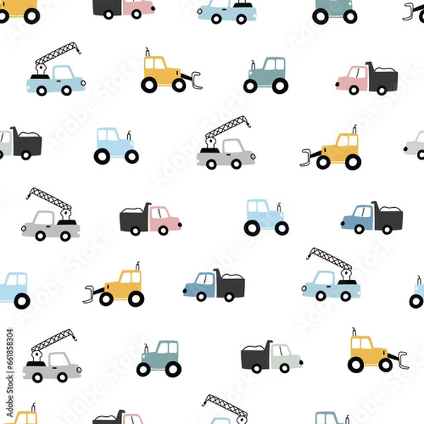 Obraz Set of hand drawn construction vehicles baby seamless pattern vector with tractor and truck on white background Cute design, cartoon style. used for print, decorative wallpaper
