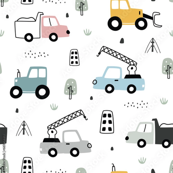 Obraz Hand drawn construction vehicles baby seamless pattern vector with tractor and truck on white background Cute design, cartoon style. Use for printing, wallpaper, fabrics, fashion textiles.