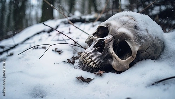 Obraz A skull buried in the snow. Great for stories on crime, history, archaeology, rituals, shamanism, mysteries and more.