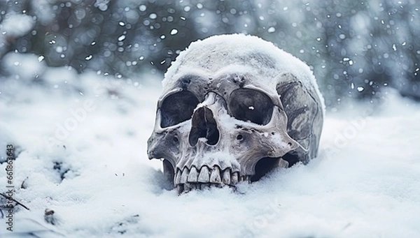 Obraz A skull buried in the snow. Great for stories on crime, history, archaeology, rituals, shamanism, mysteries and more.