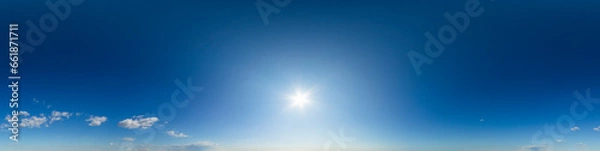 Fototapeta 360 VR 2:1 equirectangular afternoon blue sky with few clouds background overlay. Ideal for 360 VR sky replacement. High quality 300 dpi, adobe rgb color profile
