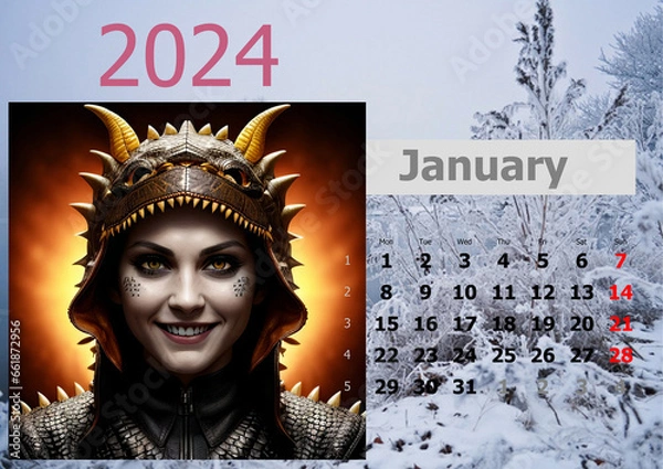 Fototapeta Calendar 2024 with girl-dragons head. Week start from Monnday.