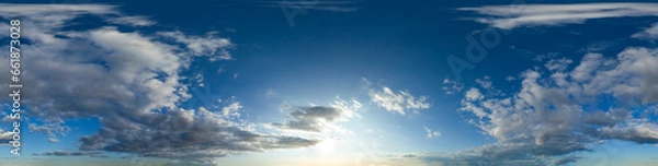 Fototapeta 360 VR 2:1 equirectangular sunset blue sky with clouds background overlay. Ideal for 360 VR sky replacement. High quality 300 dpi, adobe rgb color profile