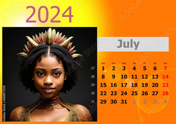 Fototapeta Calendar 2024 with girl-dragons head. Week start from Monnday.