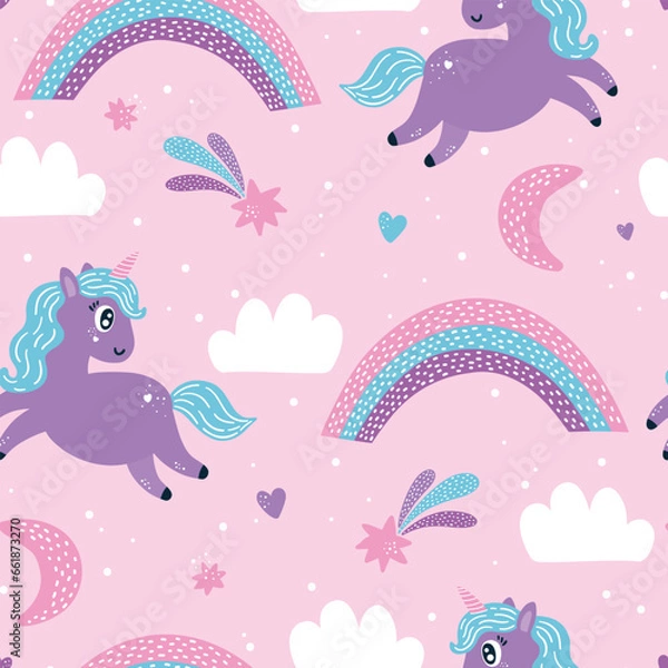 Fototapeta Cute baby seamless pattern with unicorns and rainbows.
