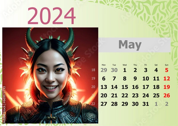 Fototapeta Calendar 2024 with girl-dragons head. Week start from Monnday.