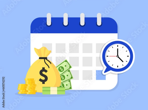 Fototapeta Payment date in calendar. Subscription payment. Monthly payment date. Flat calendar with money bag and clock. Tax pay scheduled on calendar. Regular payments online. Vector illustration.