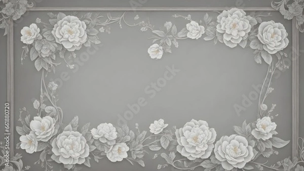 Fototapeta Silver frame with floral decoration and empty space