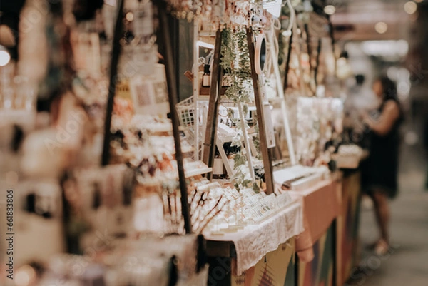 Fototapeta Indoor festive weekend market. Social pop up event of entrepreneurs and makers selling their goods at their booths in shopping mall. Captured with a tilt-shift lens. Selective focus; bokeh effect