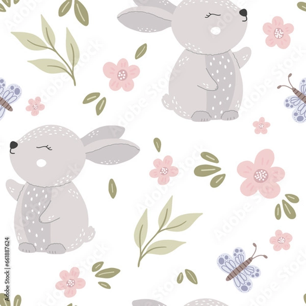 Fototapeta Cute rabbit pattern. Seamless background with funny baby animal. Repeating print with lovely character.