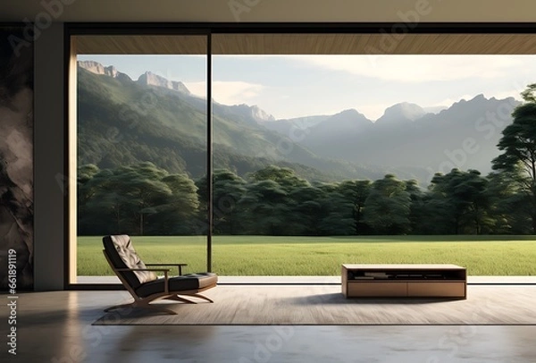 Fototapeta Modern living room interior design with wooden floor, panoramic window, armchair and mountain view. 3D Rendering