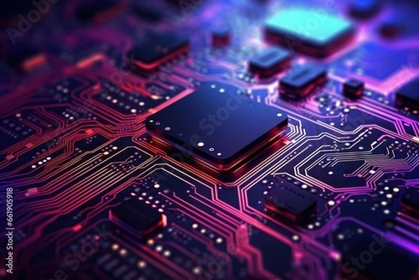 Fototapeta The Language of Technology: Intricate Circuit Board Patterns Explored in This Fascinating Closeup, Unlocking the Secrets of Innovation. Generative AI