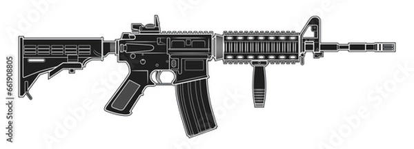 Obraz Vector drawing of M4 assault rifle with adjustable stock, collimator and foregrip on a white background. Black. Right side.
