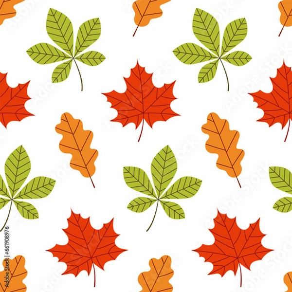 Fototapeta Autumn leaves seamless pattern. Maple, chestnut and oak leaves. Botanical print. Red, orange and green leaves on a white background.