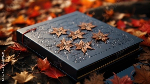 Fototapeta Notebook Close-Up on Ground with Autumn Maple Leaves Backdrop