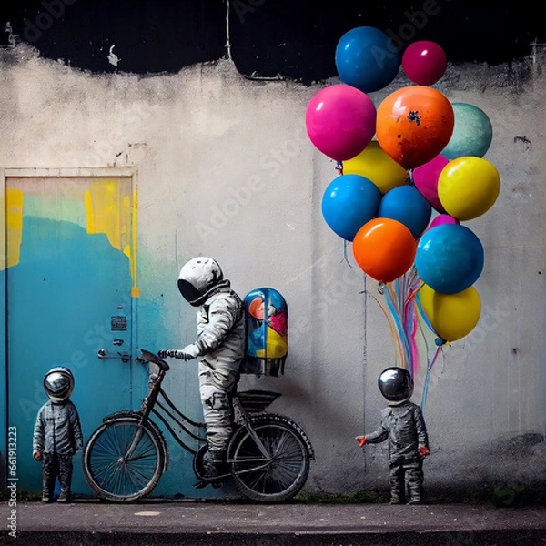 Fototapeta astronauts and kids with colourful balloons and bicycles, created with generative ai