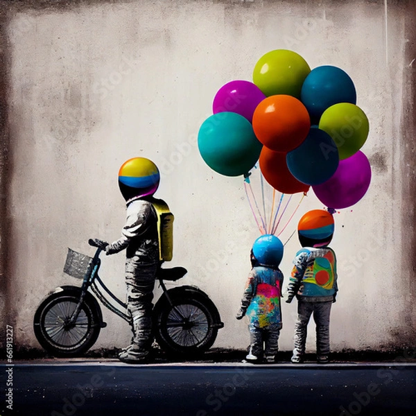 Fototapeta astronauts and kids with colourful balloons and bicycles, created with generative ai