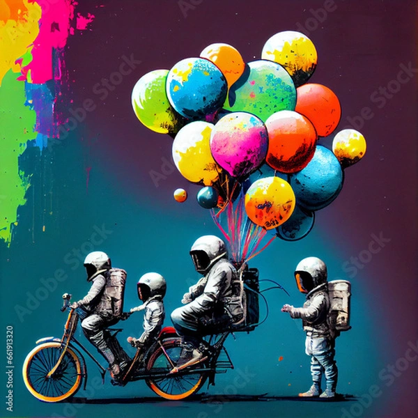 Fototapeta astronauts and kids with colourful balloons and bicycles, created with generative ai