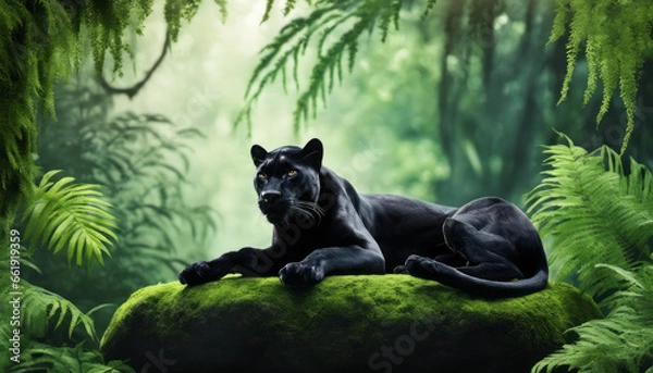Obraz  An elegant black panther resting gracefully on a moss-covered stone, surrounded by emerald ferns in a lush rainforest, representing power and natural beauty.