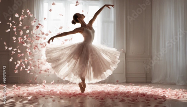 Obraz  A graceful ballerina in a flowing white tutu, frozen in mid-pirouette, surrounded by a swirl of rose petals in a sunlit studio, capturing the elegance of dance and beauty in motion.