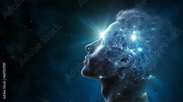 Fototapeta A MAN MEDITATES, FANTASIZES AGAINST THE BACKGROUND OF THE STARRY SKY. image created by legal AI