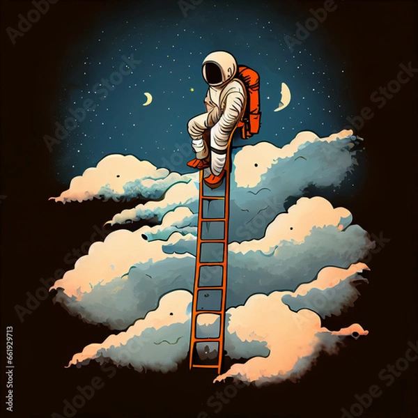 Fototapeta a cartoon astronaut climbing a ladder to the sky, generative ai