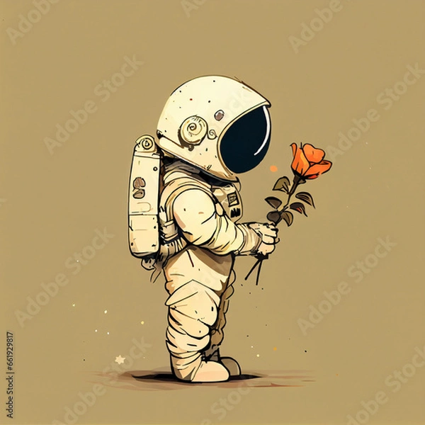 Fototapeta a cartoon astronaut holding a flower, generative ai