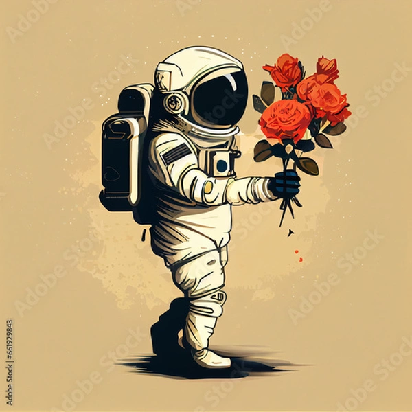 Fototapeta a cartoon astronaut holding a flower, generative ai