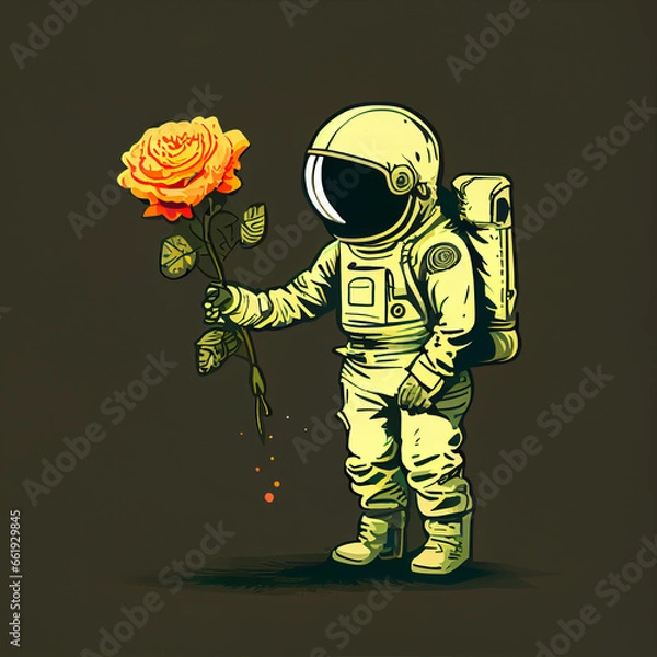 Fototapeta a cartoon astronaut holding a flower, generative ai