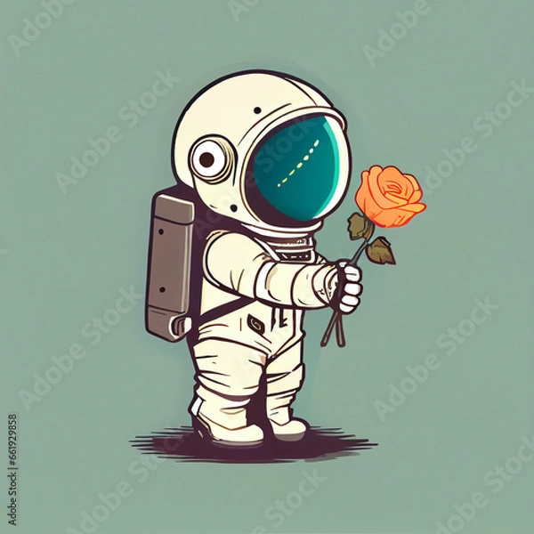 Fototapeta a cartoon astronaut holding a flower, generative ai