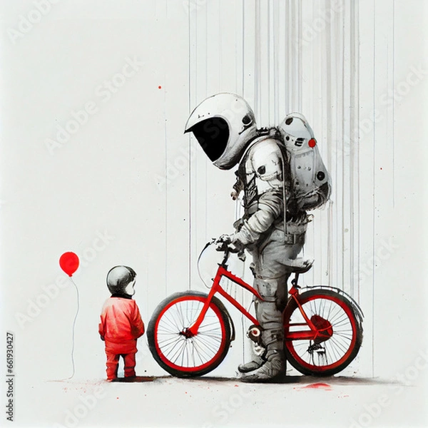 Fototapeta an astronaut and a little kid with red balloon and bicycle, generative ai